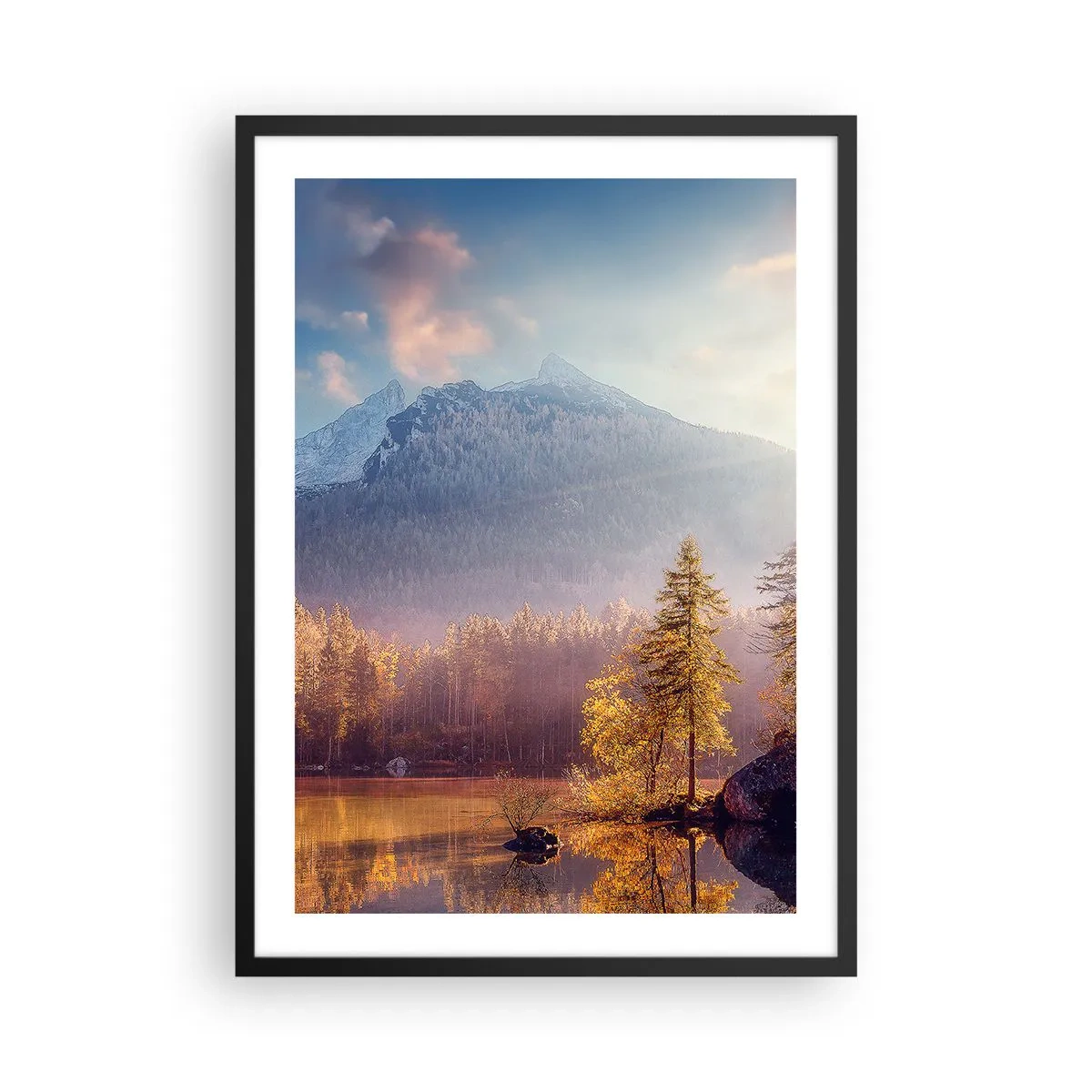 Plakat i sort ramme - Efterårsbjerglandskab med spejling i søen - 50x70cm - I bjerge og dale - Moderne vægdekoration til stue og soveværelse ARTTOR