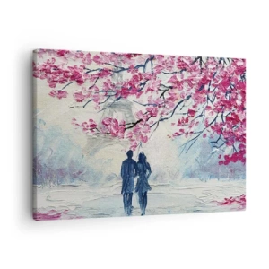 Lærredstryk - Billede på lærred - Et par under blomstrende lyserøde træer i romantiske omgivelser - 70x50cm - Romantisk gåtur - Moderne vægdekoration til stue og soveværelse ARTTOR