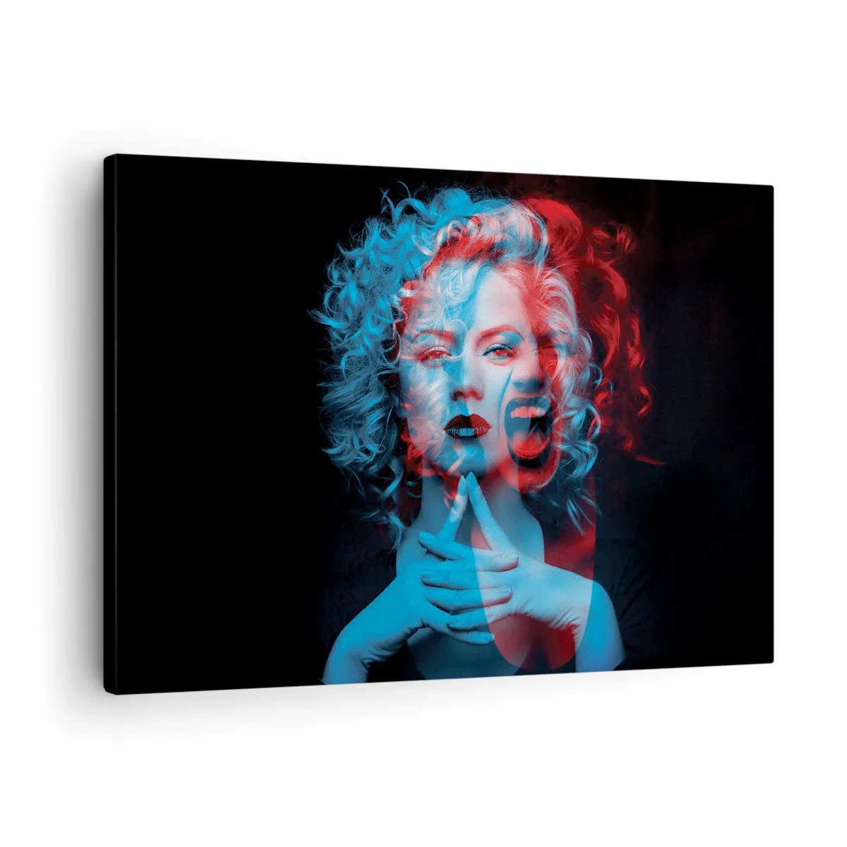 Lærredstryk - Billede på lærred - Dobbeltportræt af en kvinde i rødt og blåt - 70x50cm - Alter ego - Moderne vægdekoration til stue og soveværelse ARTTOR