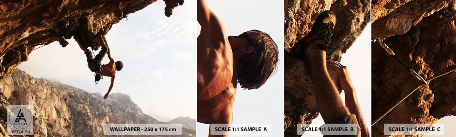 Prøve Fototapet Selvklæbende Deluxe Sticker - Verden skrumpede ind i en håndfuld på en klippeskrænt - Kalymnos ø, Bjergbestigning, Landskab - 100x30 cm