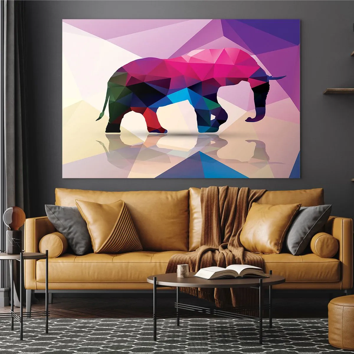 Billede på glas - Geometrisk elefant i levende farverig abstraktion - 70x50cm - Krystal dinosaur - Moderne vægdekoration til stue og soveværelse ARTTOR