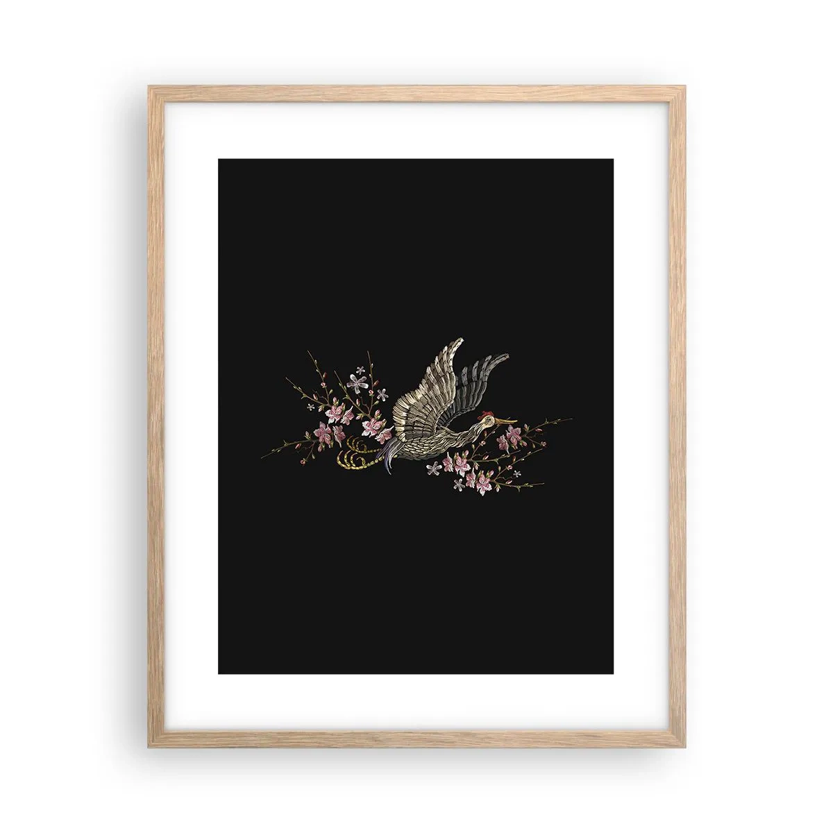 Plakat i ramme af lyst egetræ - Eksotisk broderet fugl - 40x50 cm