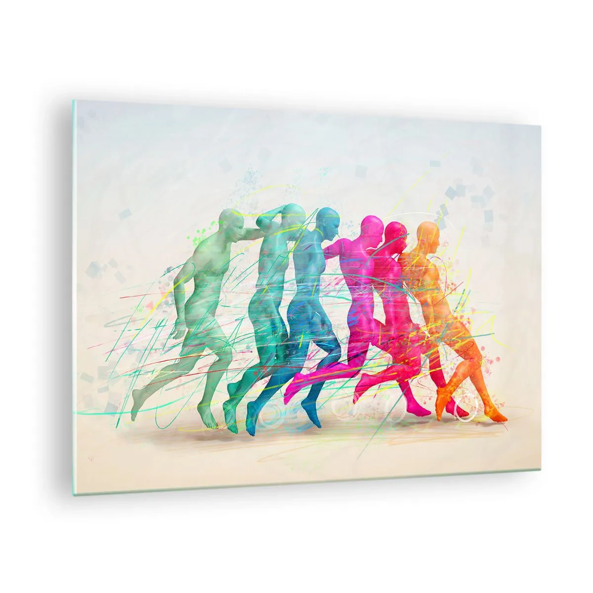 Billede på glas - Et farverigt abstrakt, der skildrer bevægelsen af en løbende figur - 70x50cm - Harmoni i bevægelse - Moderne vægdekoration til stue og soveværelse ARTTOR