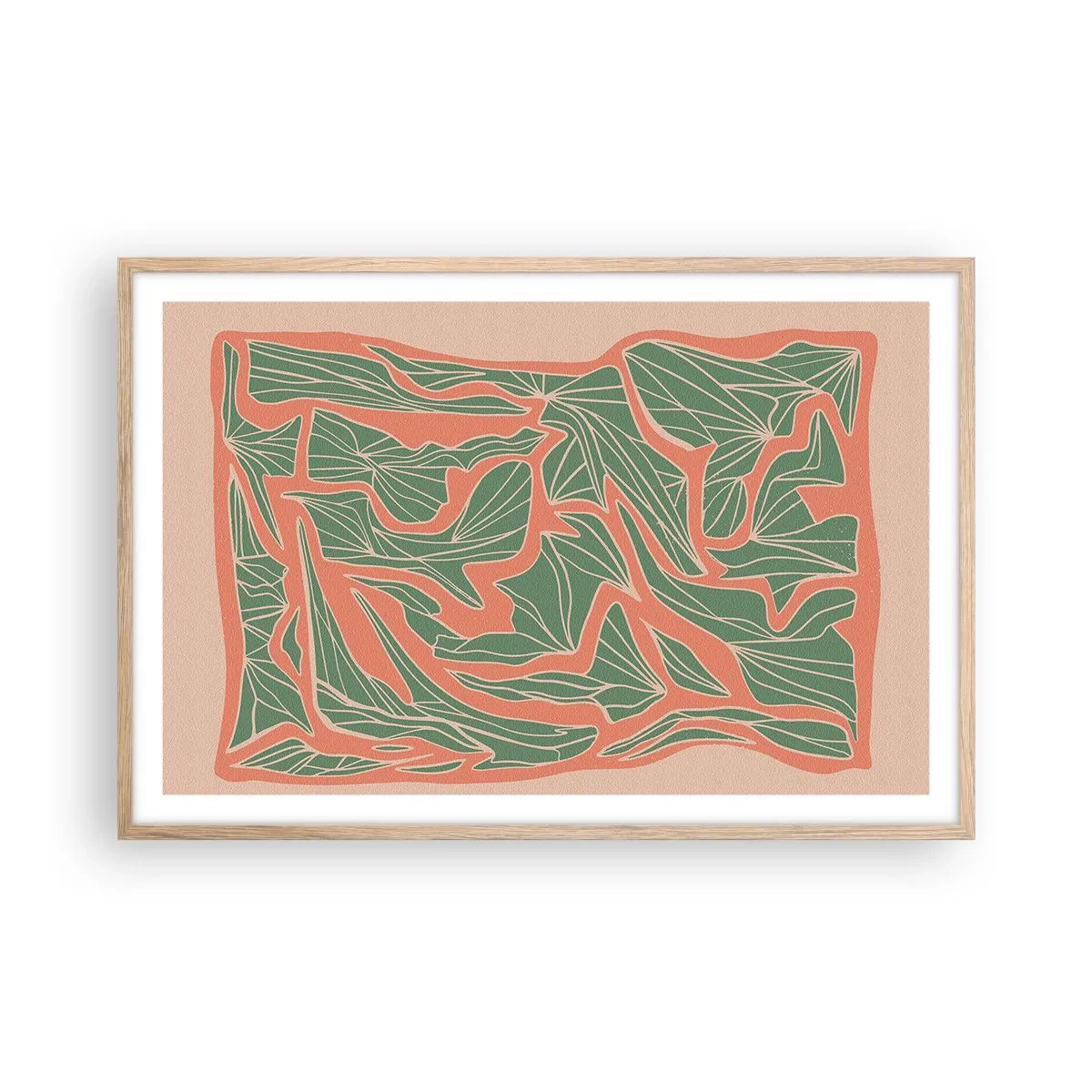 Plakat i ramme af lyst egetræ - En kamp mellem koral og grøn - 91x61 cm