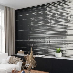 Fototapet Selvklæbende Deluxe Sticker - Bølger og vibrationer - Sort og hvid, Stregkoder, Linjer - 150x105 cm
