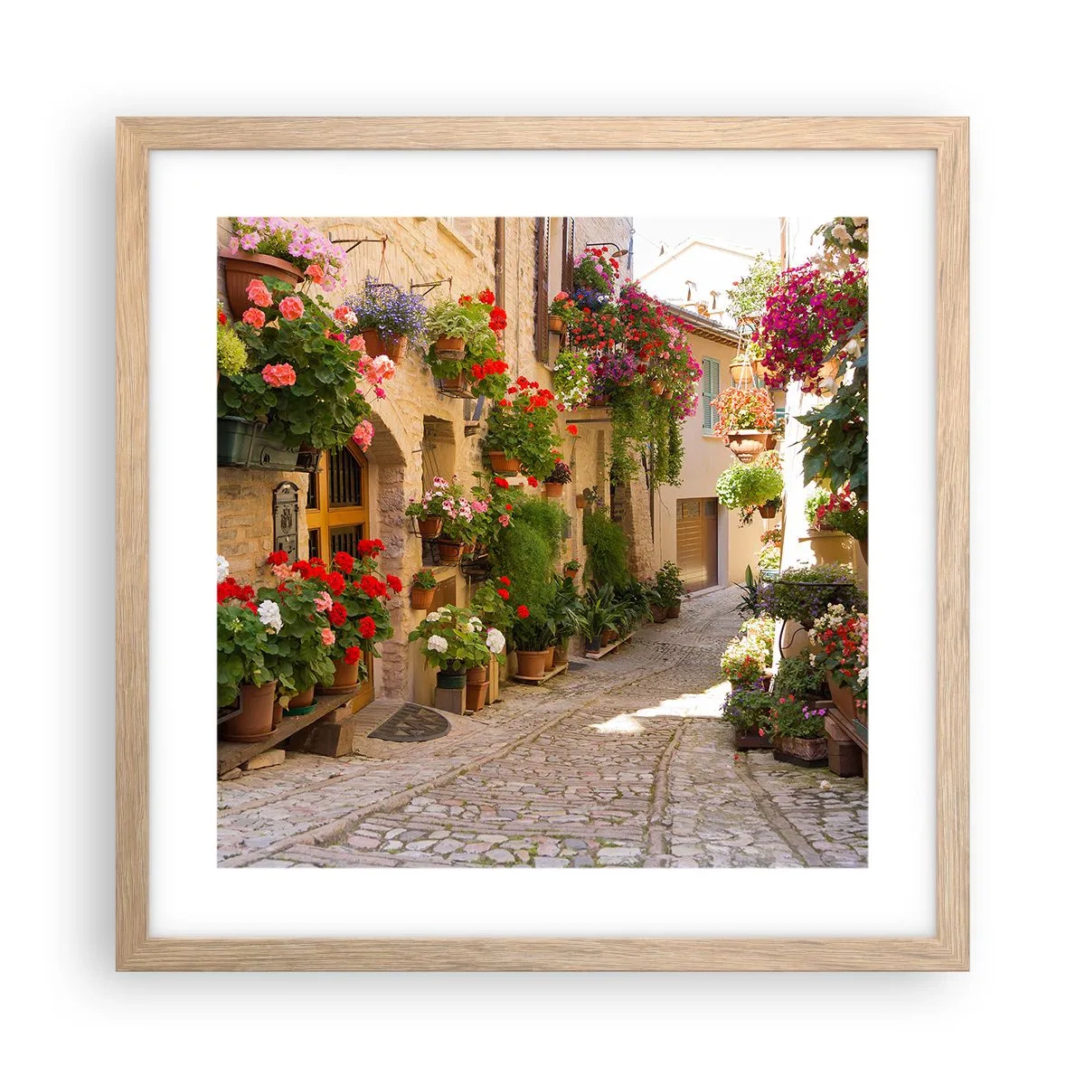 Plakat i ramme af lyst egetræ - I en strøm af blomster - 40x40 cm