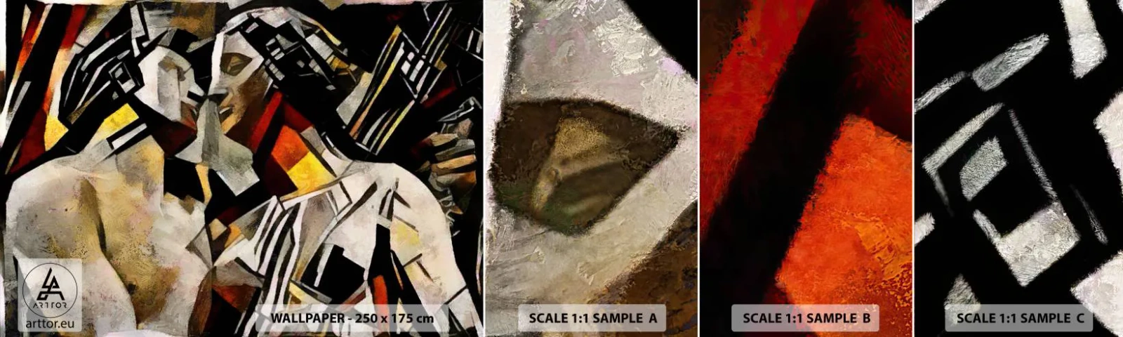 Prøve Fototapet Selvklæbende Deluxe Sticker - Statuesk kys - Forelsket par, Kubisme, Kys - 100x30 cm