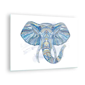 Billede på glas - Blå elefant i kunstnerisk stil med geometriske mønstre - 70x50cm - Indlagt med guld og blå - Moderne vægdekoration til stue og soveværelse ARTTOR