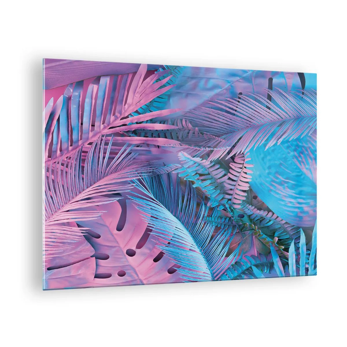 Billede på glas - Tropiske blade i nuancer af lyserød og blå på en neonbaggrund - 70x50cm - Troperne i lyserød og blå - Moderne vægdekoration til stue og soveværelse ARTTOR