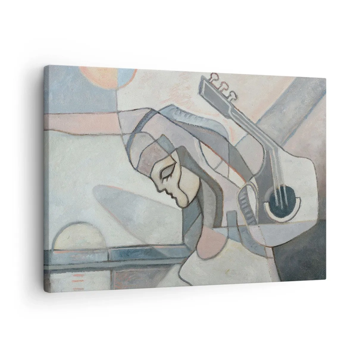 Lærredstryk - Billede på lærred - En abstrakt figur med en guitar i pastelfarver. - 70x50cm - I musikkens kraft - Moderne vægdekoration til stue og soveværelse ARTTOR