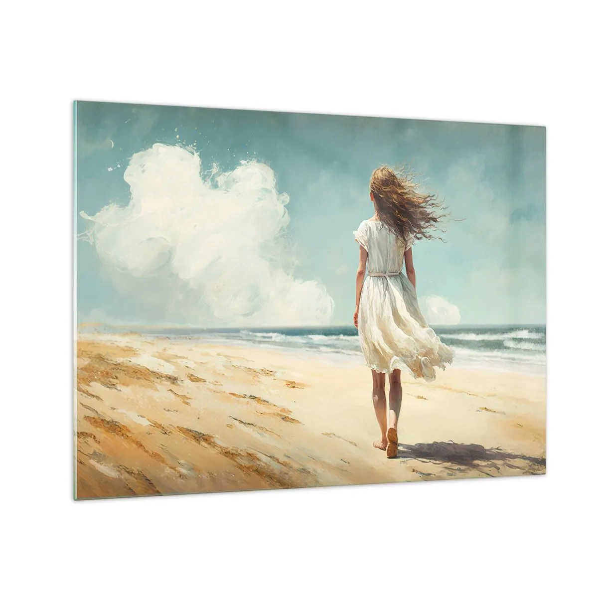 Billede på glas - En kvinde i en hvid kjole går barfodet på en solrig strand - 70x50cm - At møde solen og vinden - Moderne vægdekoration til stue og soveværelse ARTTOR