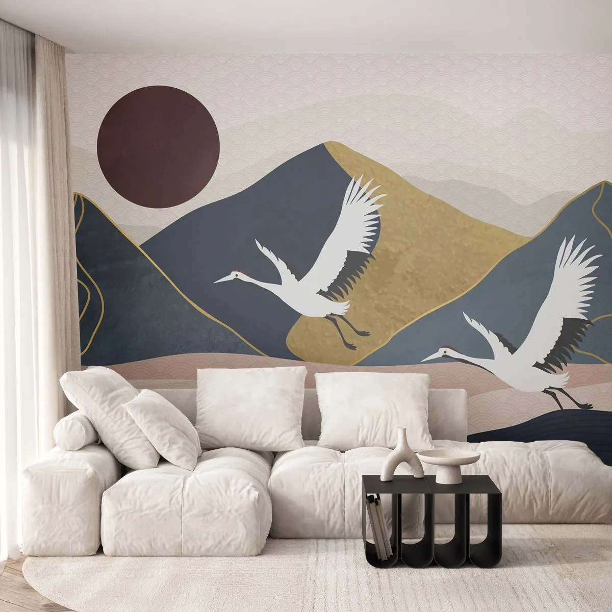 Fototapet Premium Canvas - Og dagen er igen FLØJET af sted - Abstraktion, Kraner, Bjerge - 250x175 cm