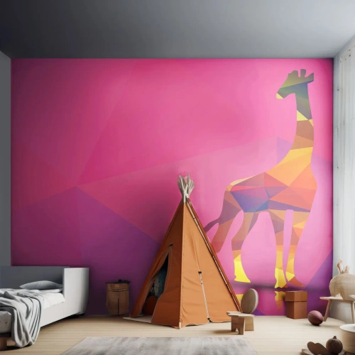 Fototapet Standard Eco - Geometrisk silhuet af en giraf på en lyserød baggrund - 100x70cm - I savannens farver - Moderne vægdekoration til stue og soveværelse ARTTOR