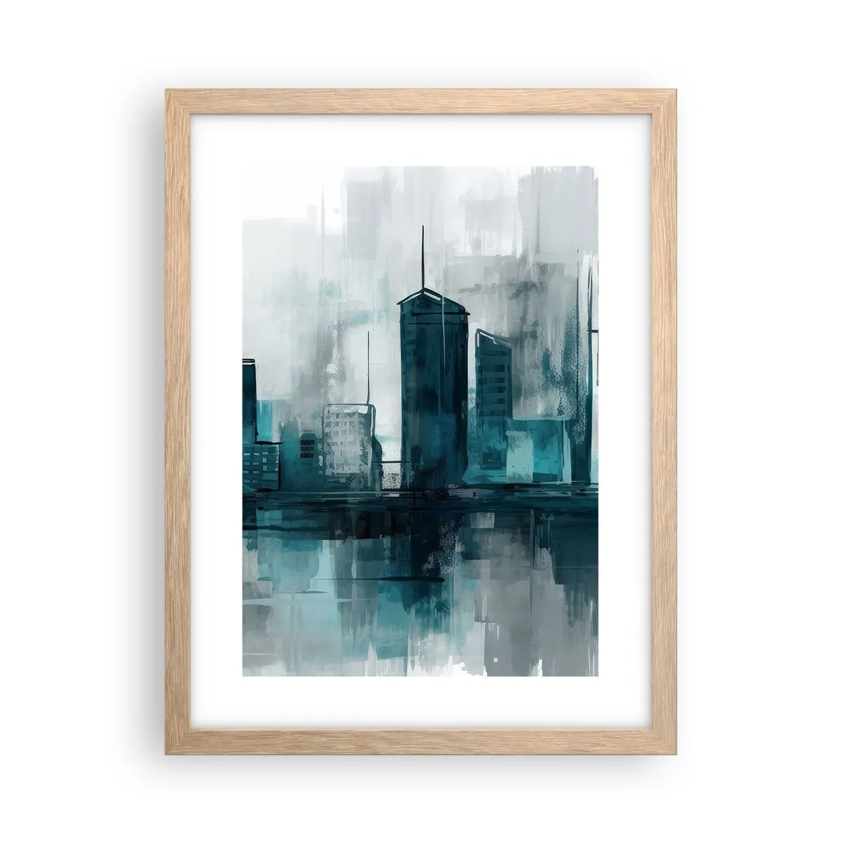 Plakat i ramme af lyst egetræ - Regnfarvet by - 30x40 cm