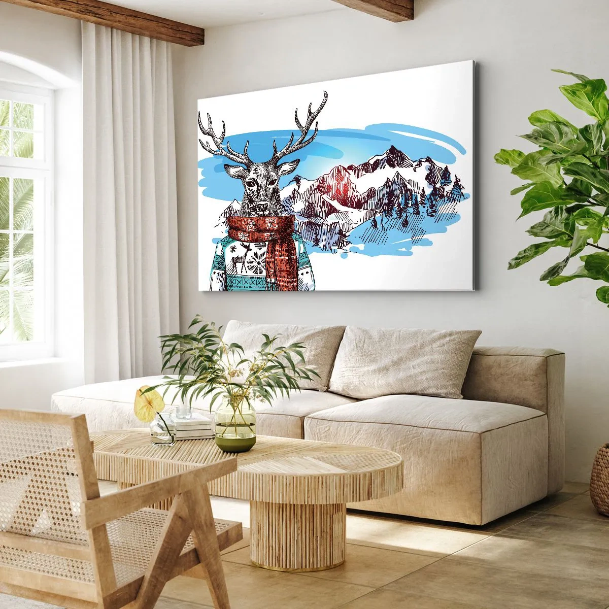 Lærredstryk - Billede på lærred - En hjort i en vintertrøje mod et bjerglandskab - 70x50cm - Selv et rådyr fryser ikke  - Moderne vægdekoration til stue og soveværelse ARTTOR