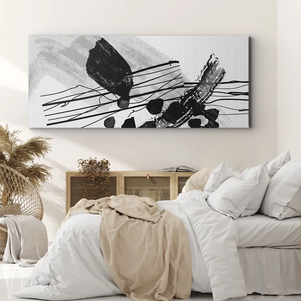 Lærredstryk - Billede på lærred - Sort og hvid organisk abstraktion - 100x40 cm