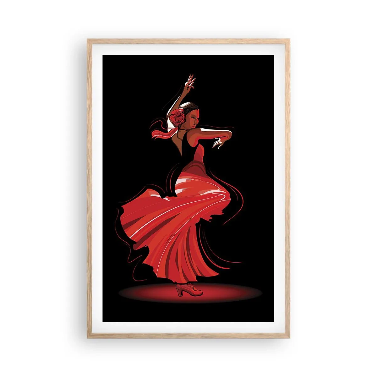 Plakat i ramme af lyst egetræ - Flamencoens brændende ånd - 61x91 cm