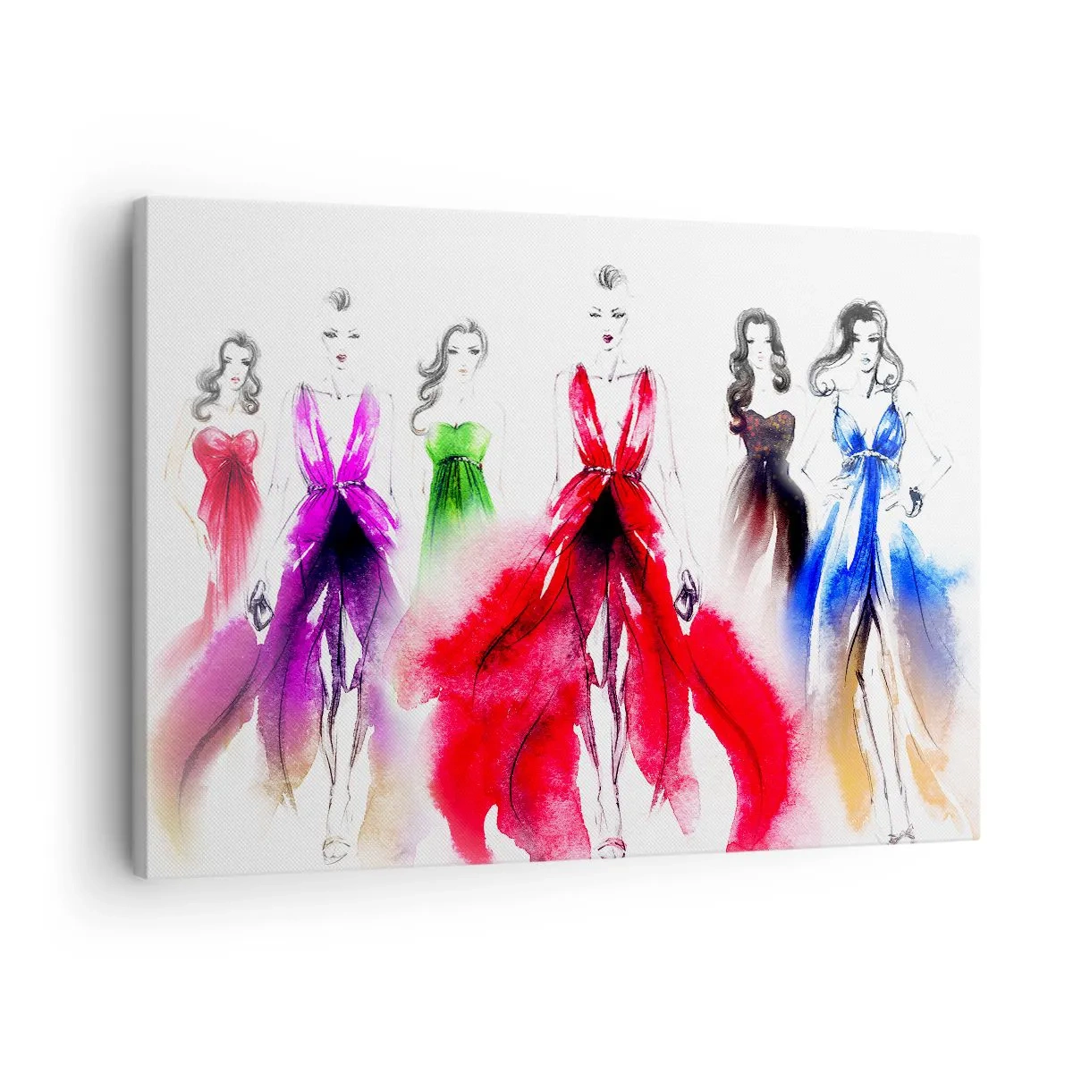 Lærredstryk - Billede på lærred - Modeillustration med modeller i farverige kjoler - 70x50cm - Stemninger til outfits - Moderne vægdekoration til stue og soveværelse ARTTOR