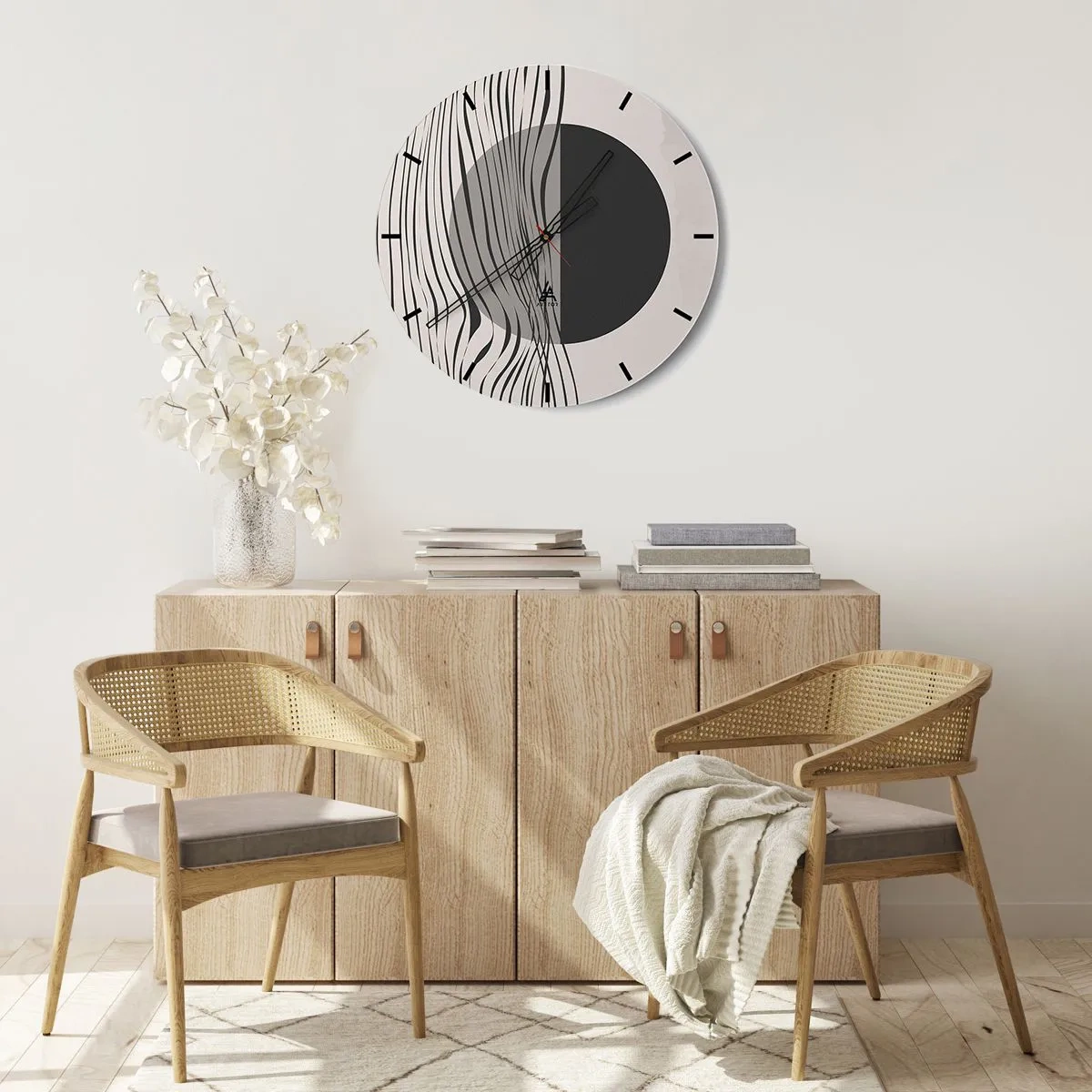 Vægur, Uret - Abstrakt komposition med bølger og en cirkel - 30x30cm - Halvkomposition - Moderne vægdekoration til stue, køkken og soveværelse ARTTOR