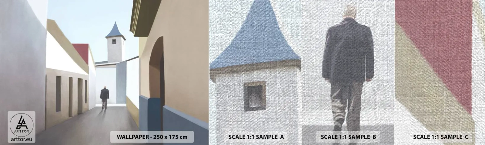 Prøve Fototapet Premium Canvas - Solrig gåtur - Pastel, Bygninger, Arkitektur - 100x30 cm