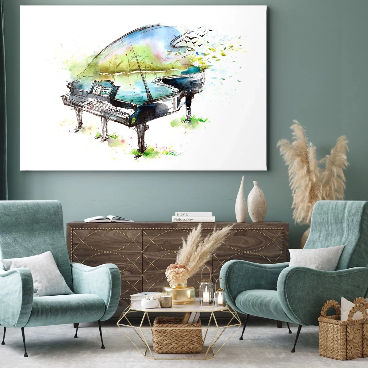 Lærredstryk - Billede på lærred - Kunstnerisk akvarelmaleri af et klaver med naturen i baggrunden - 70x50cm - Fortryllet af musik - Moderne vægdekoration til stue og soveværelse ARTTOR