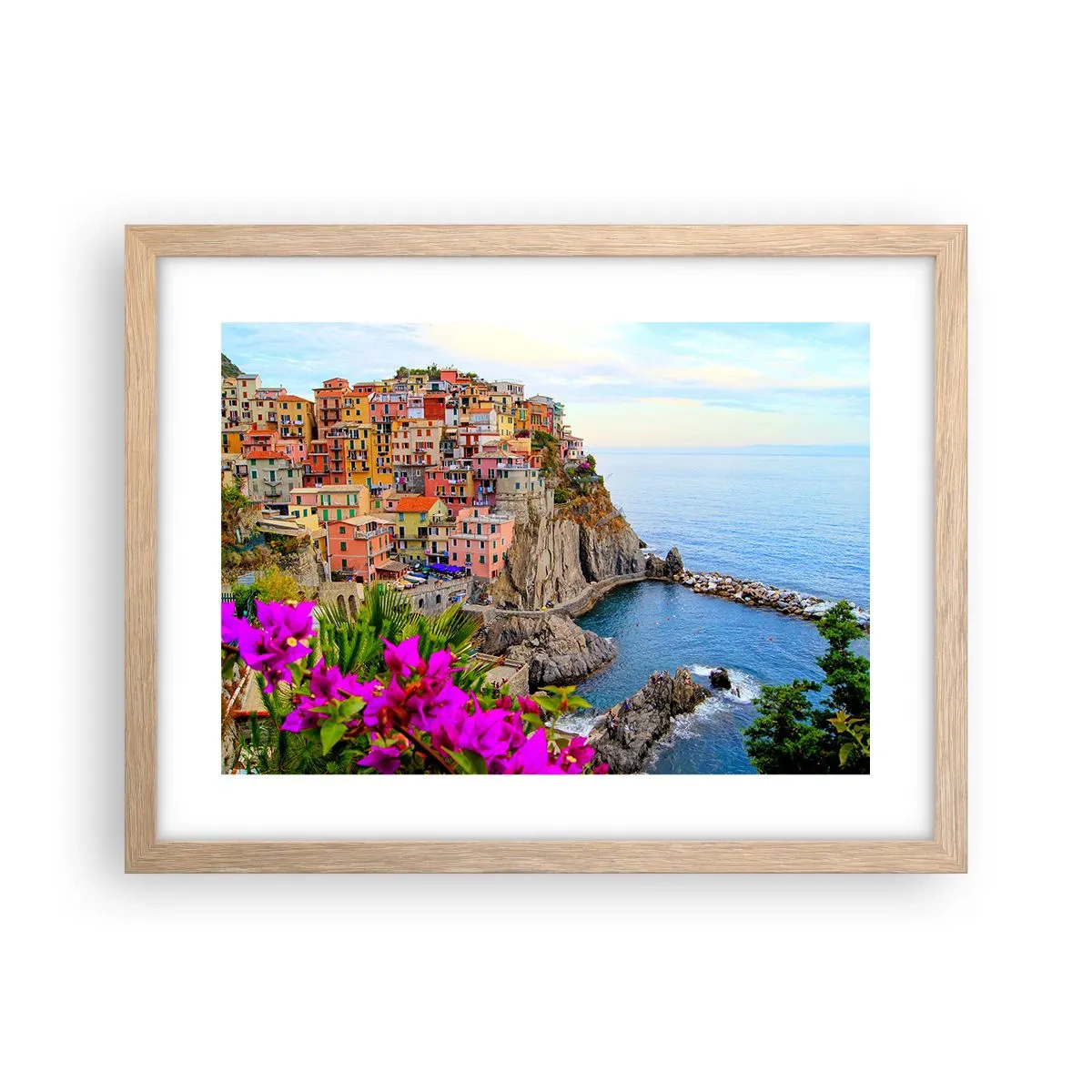 Plakat i ramme af lyst egetræ - En grinende by - 40x30 cm