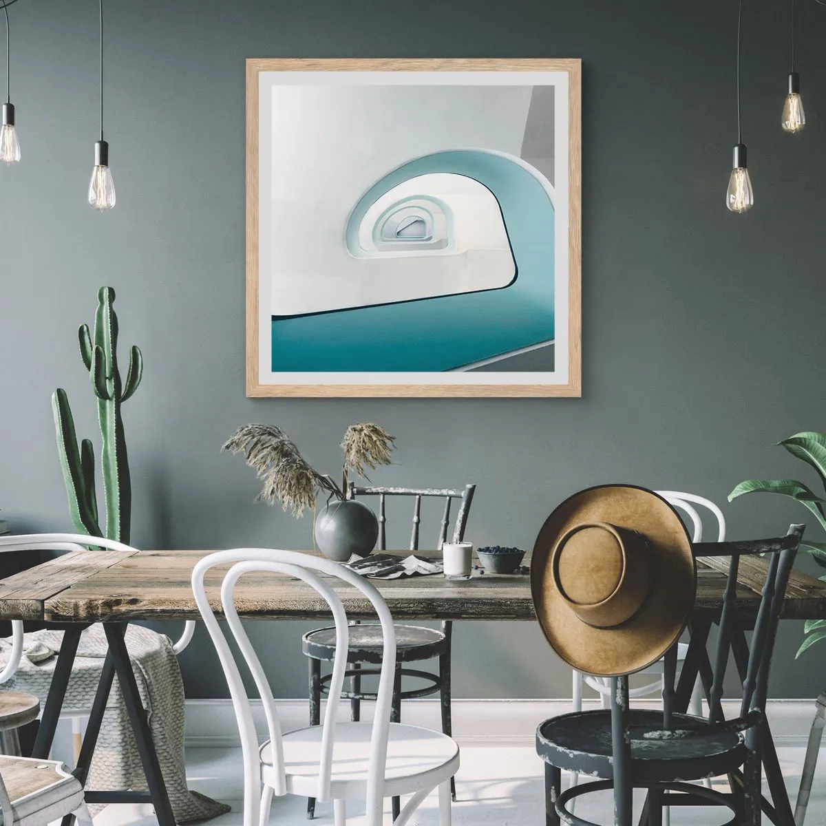 Plakat i ramme af lyst egetræ - Til bunden af det blå - 50x50 cm