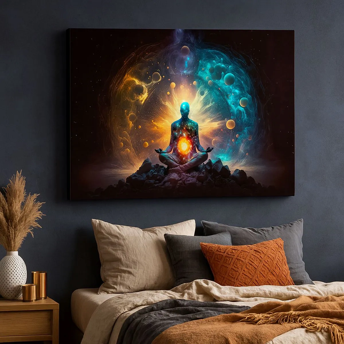 Lærredstryk - Billede på lærred - En figur i meditation omgivet af en kosmisk aura - 70x50cm - Kosmisk ro - Moderne vægdekoration til stue og soveværelse ARTTOR