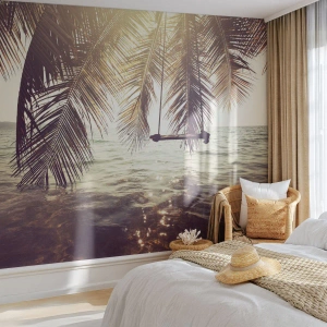 Fototapet Premium Sand - Du kan svæve i skyerne efter behag - Landskab, Kokospalme, Hav - 500x350 cm
