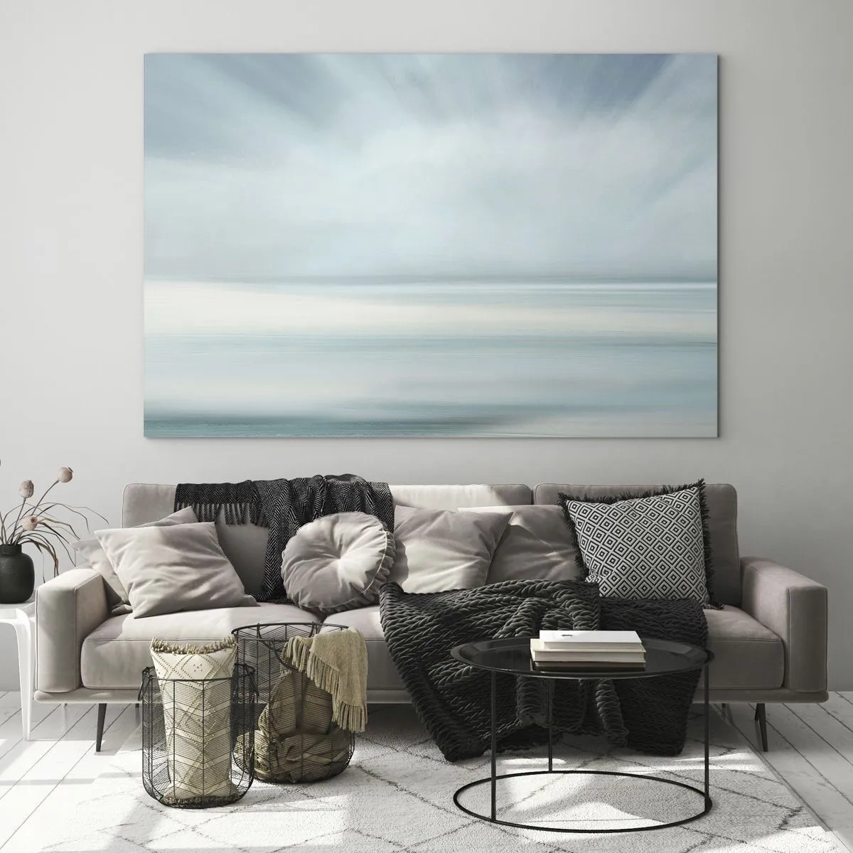 Billede på glas - Sløret abstraktion i nuancer af blå, hvid og grå - 70x50cm - Fred hele vejen til horisonten - Moderne vægdekoration til stue og soveværelse ARTTOR