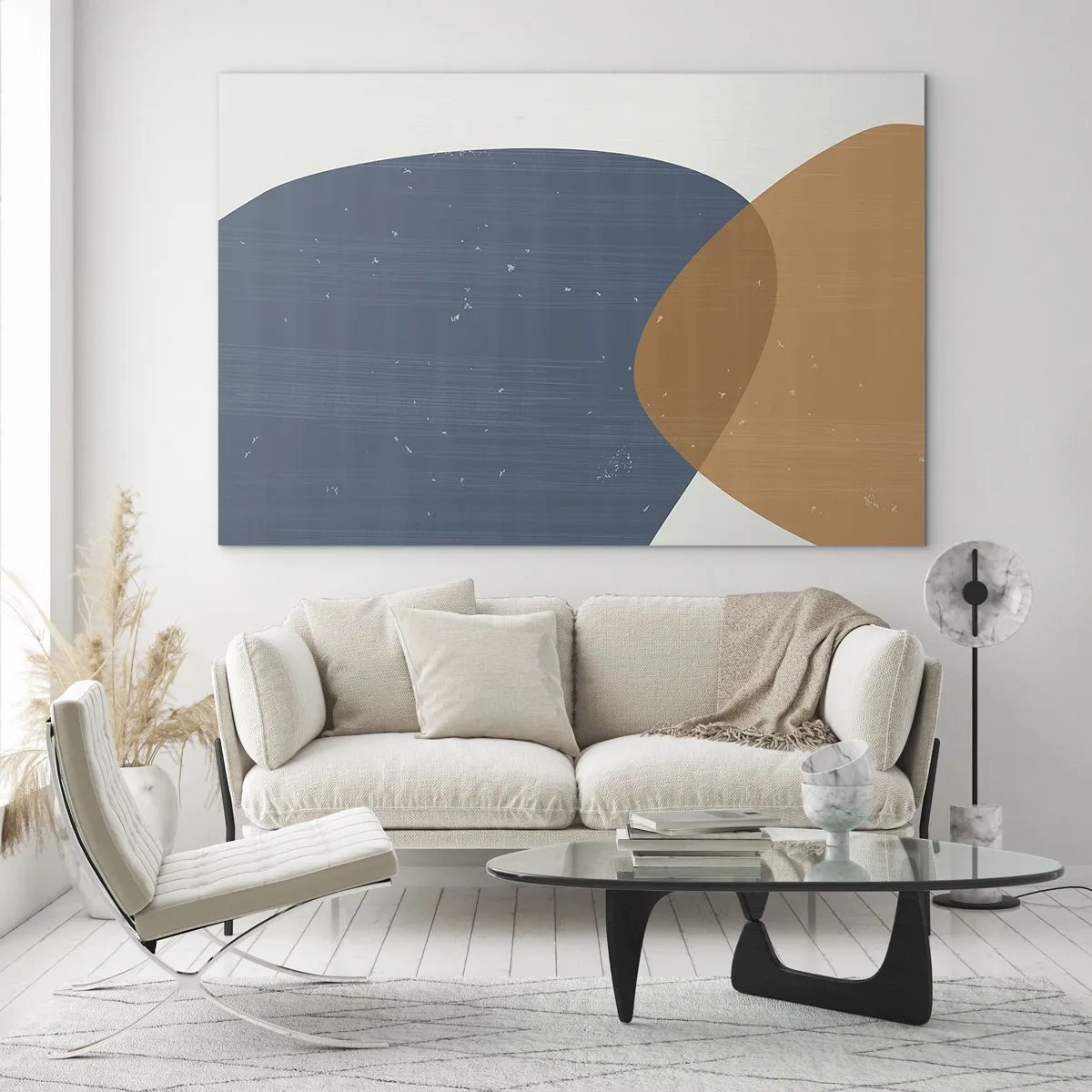 Billede på glas - Geometrisk komposition med marineblå og beige ovaler - 70x50cm - Ovaler og påvirkninger - Moderne vægdekoration til stue og soveværelse ARTTOR