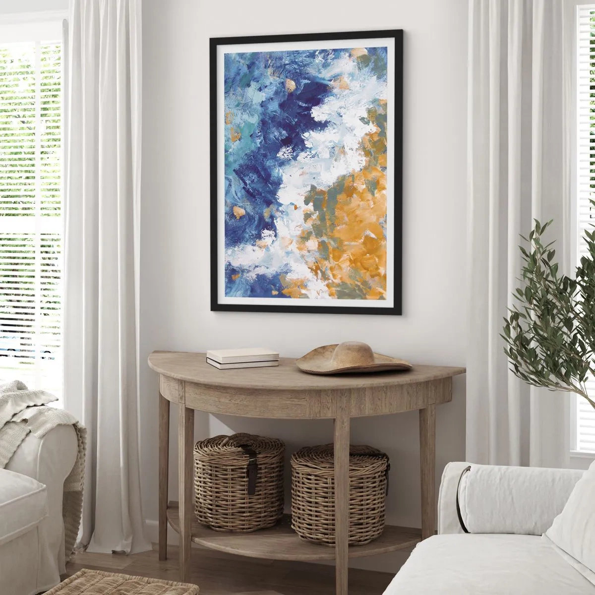 Plakat i sort ramme - En abstrakt komposition i nuancer af blå, hvid og guld. - 50x70cm - Elementernes dans - Moderne vægdekoration til stue og soveværelse ARTTOR
