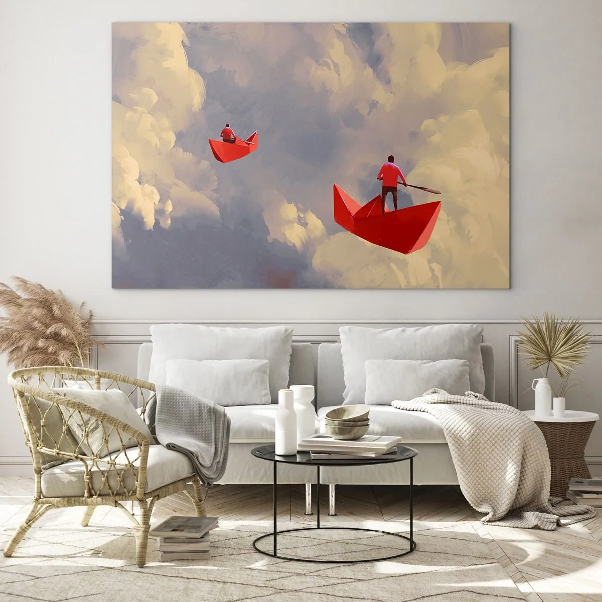 Billede på glas - To personer i røde både mod en overskyet himmel - 70x50cm - Drømmernes ekspedition - Moderne vægdekoration til stue og soveværelse ARTTOR