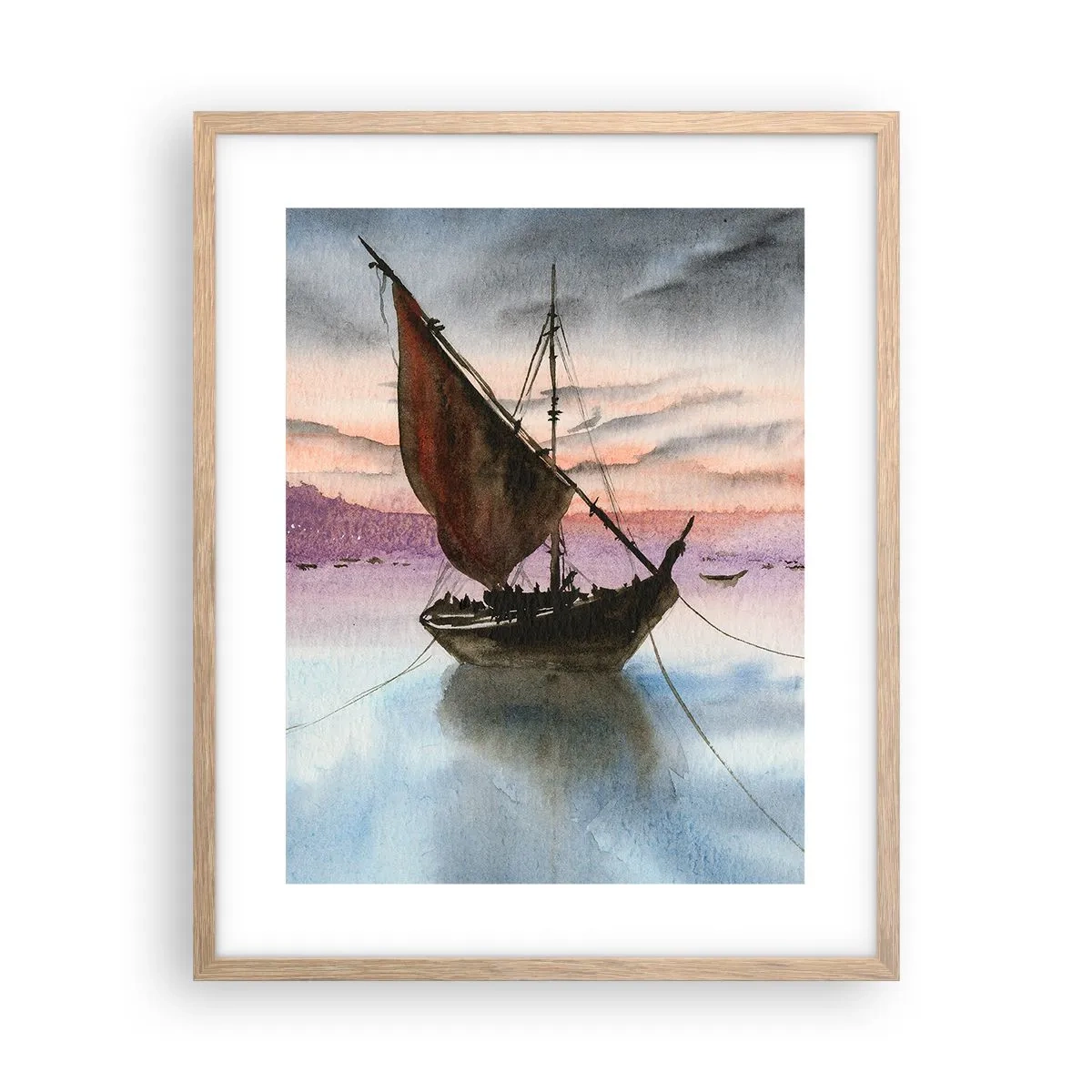 Plakat i ramme af lyst egetræ - Aften i havnen - 40x50 cm