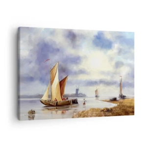 Lærredstryk - Billede på lærred - Sejlbåde på roligt vand med vindmøller i baggrunden - 70x50cm - Sømændenes tilbagevenden - Moderne vægdekoration til stue og soveværelse ARTTOR