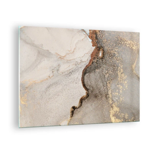 Billede på glas - Abstrakt komposition med beige, guld og grafit - 70x50cm - På farvegrænsen - Moderne vægdekoration til stue og soveværelse ARTTOR