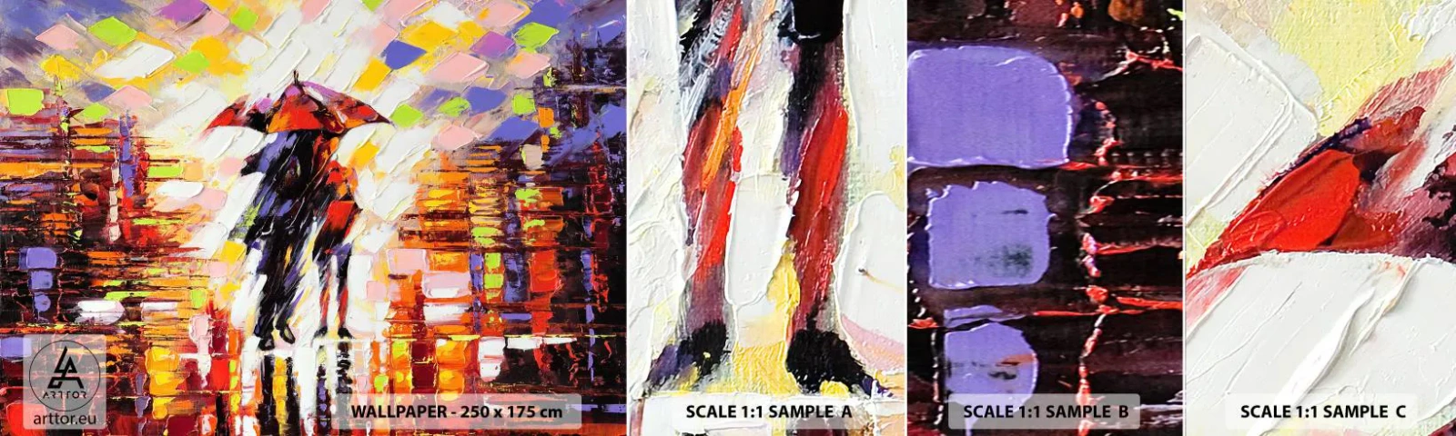 Fototapet Prøve Standard Eco - Sammen gennem natten og regnen - Abstraktion, Forelsket par, Gå i regnen - 100x30 cm