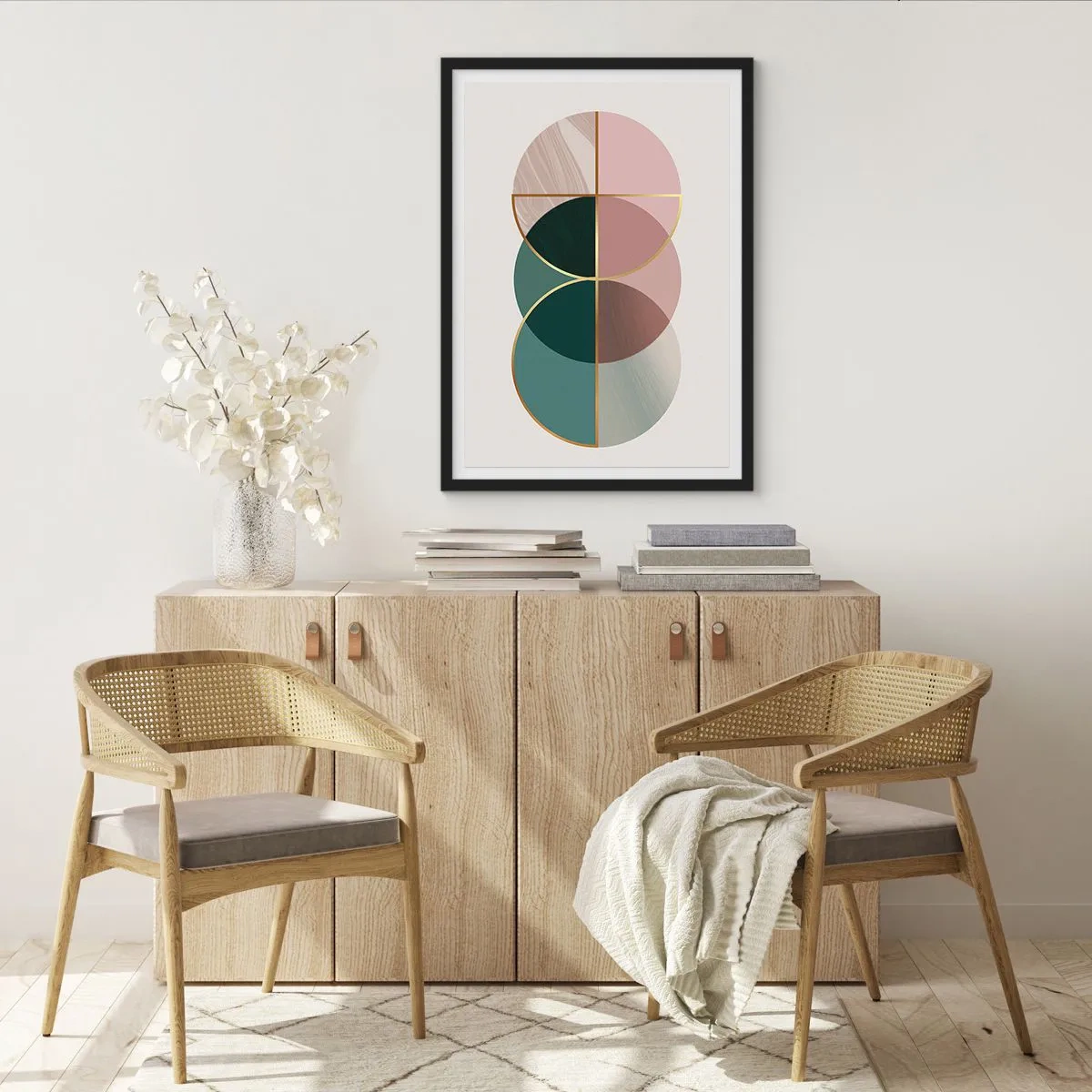 Plakat i sort ramme - Abstrakt geometrisk komposition med cirkler og guld - 50x70cm - Hjul for hjul… - Moderne vægdekoration til stue og soveværelse ARTTOR
