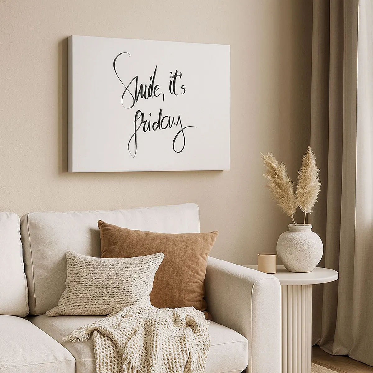Lærredstryk - Billede på lærred - Sort-hvide bogstaver Smil, det er fredag - 70x50cm - Ægte glæde - Moderne vægdekoration til stue og soveværelse ARTTOR