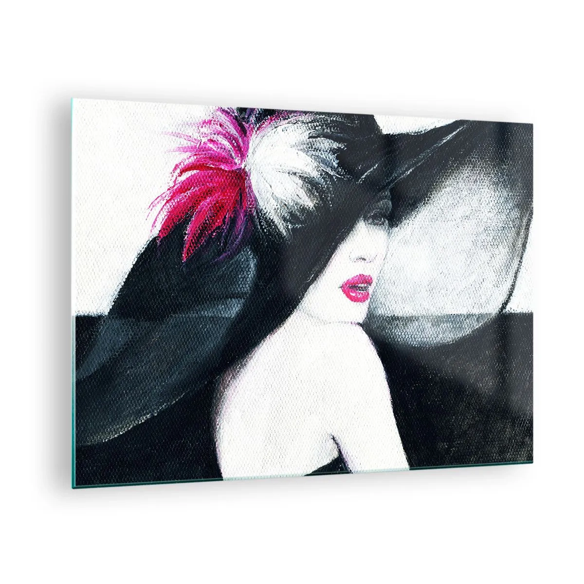 Billede på glas - Portræt af en kvinde i en stor hat med en lyserød fjer - 70x50cm - Altid et mysterium - Moderne vægdekoration til stue og soveværelse ARTTOR