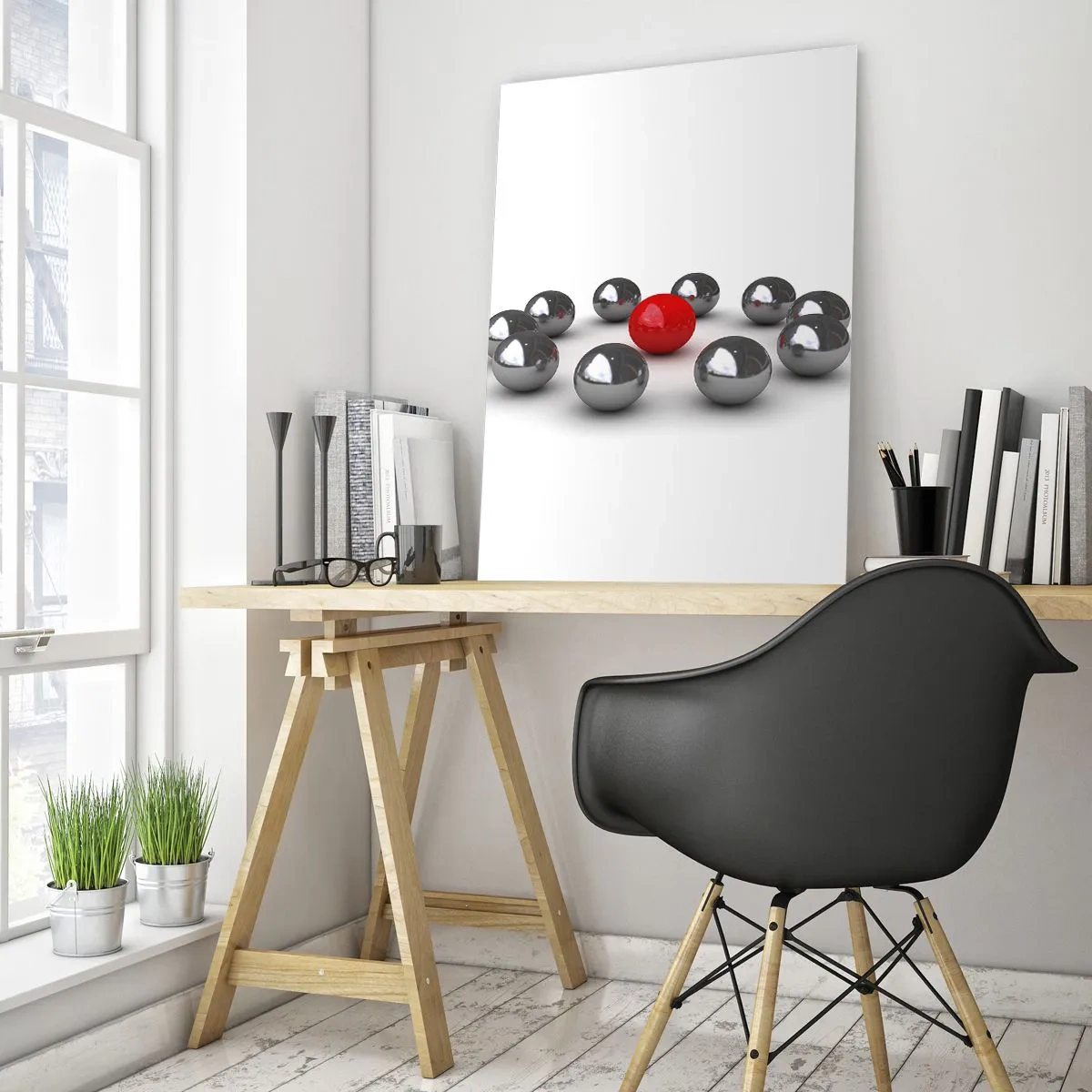 Billede på glas - Cirkel i sølv og rød - 50x70 cm