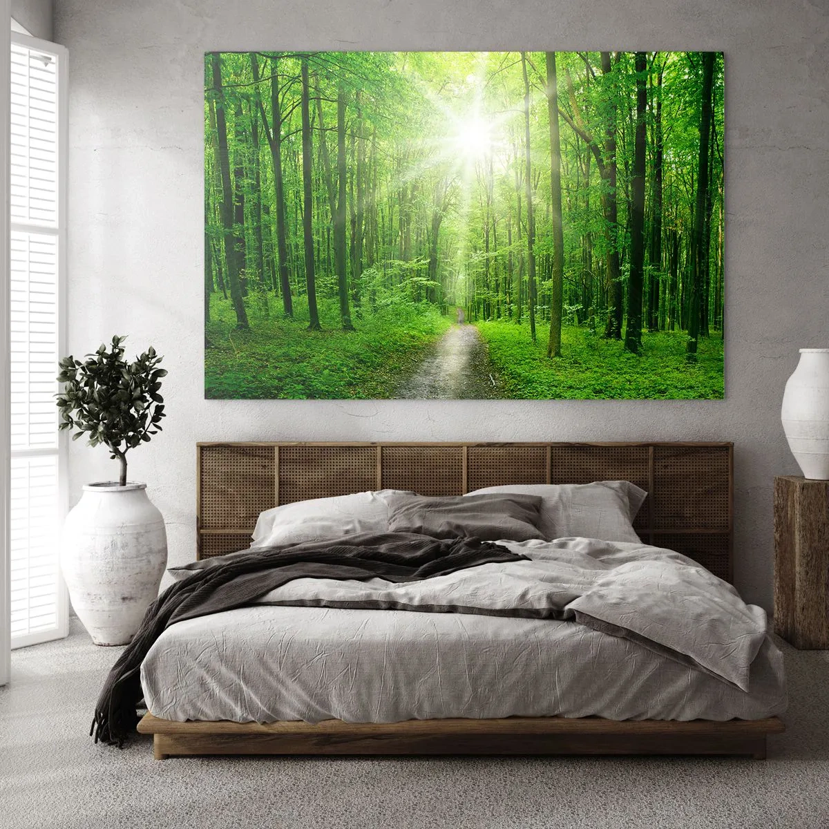 Billede på glas - En sti i skoven oplyst af solens stråler - 70x50cm - Grøn katedral - Moderne vægdekoration til stue og soveværelse ARTTOR