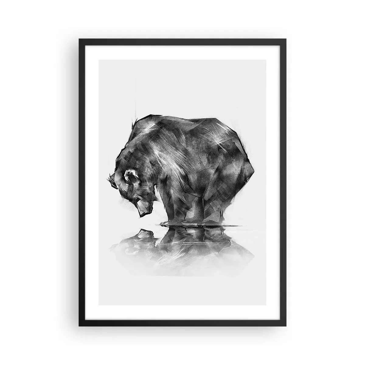 Plakat i sort ramme - Geometrisk billede af en bjørn ved vandet - 50x70cm - Dejligt at se nogen tæt på - Moderne vægdekoration til stue og soveværelse ARTTOR