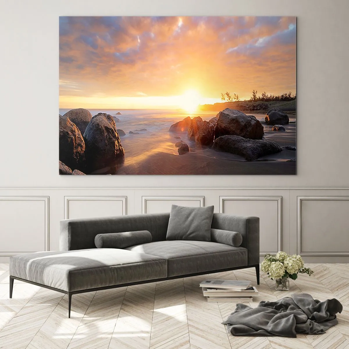 Billede på glas - Solnedgang over havet med sten på kysten - 70x50cm - En lysende aftenbrise - Moderne vægdekoration til stue og soveværelse ARTTOR