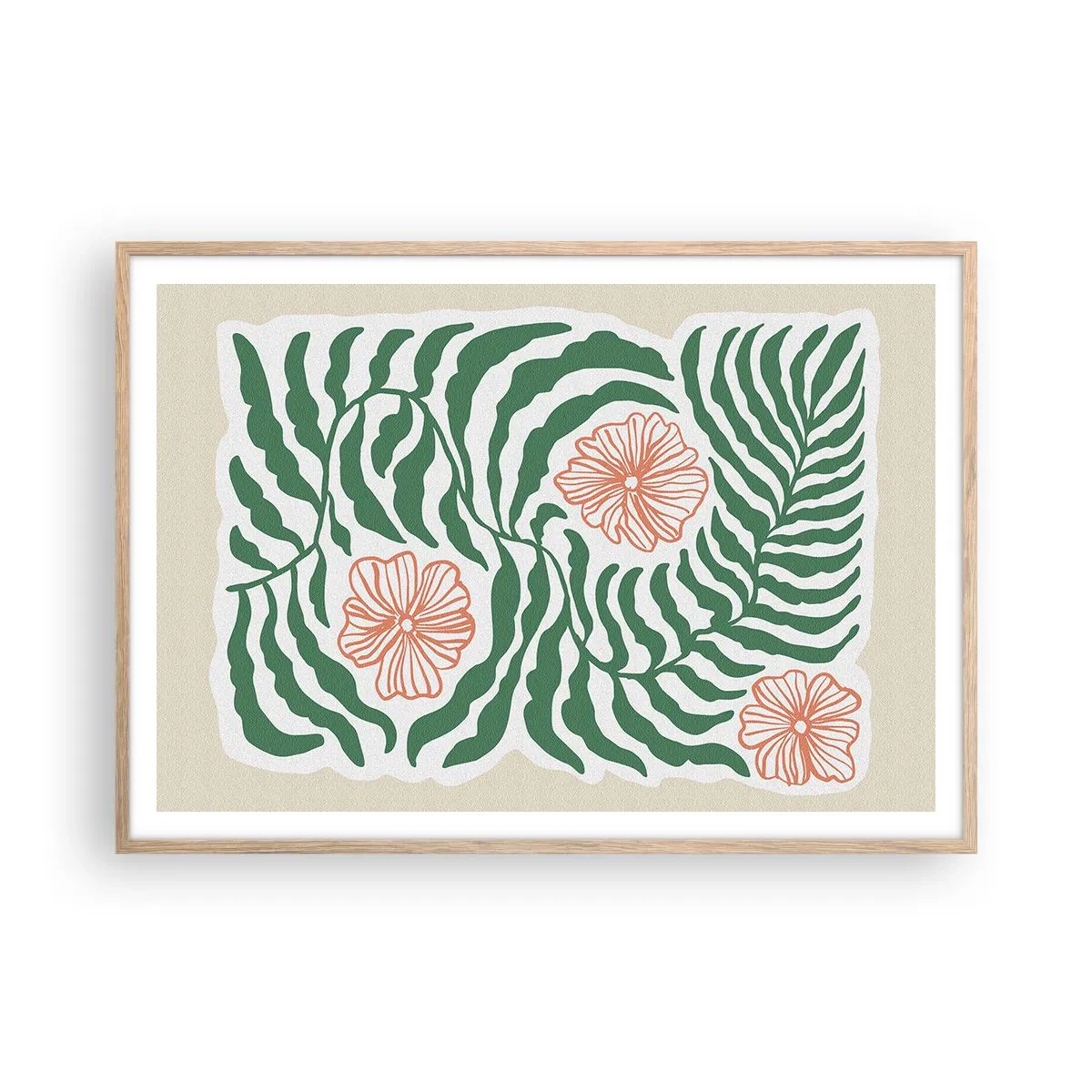 Plakat i ramme af lyst egetræ - Blomstrede i grønt - 100x70 cm