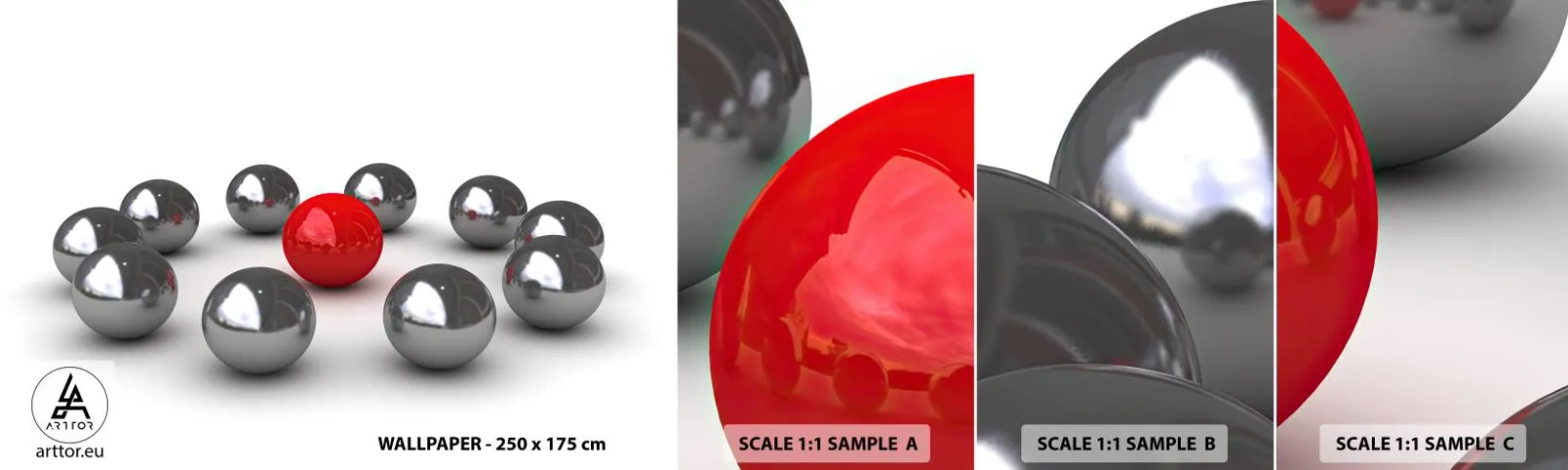 Prøve Fototapet Selvklæbende Deluxe Sticker - Cirkel i sølv og rød - Abstraktion, 3D, runde bolde - 100x30 cm