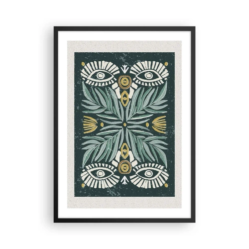 Plakat i sort ramme - Symmetrisk mønster med blade og øjne på en mørk baggrund - 50x70cm - Som en folkeudskæring - Moderne vægdekoration til stue og soveværelse ARTTOR