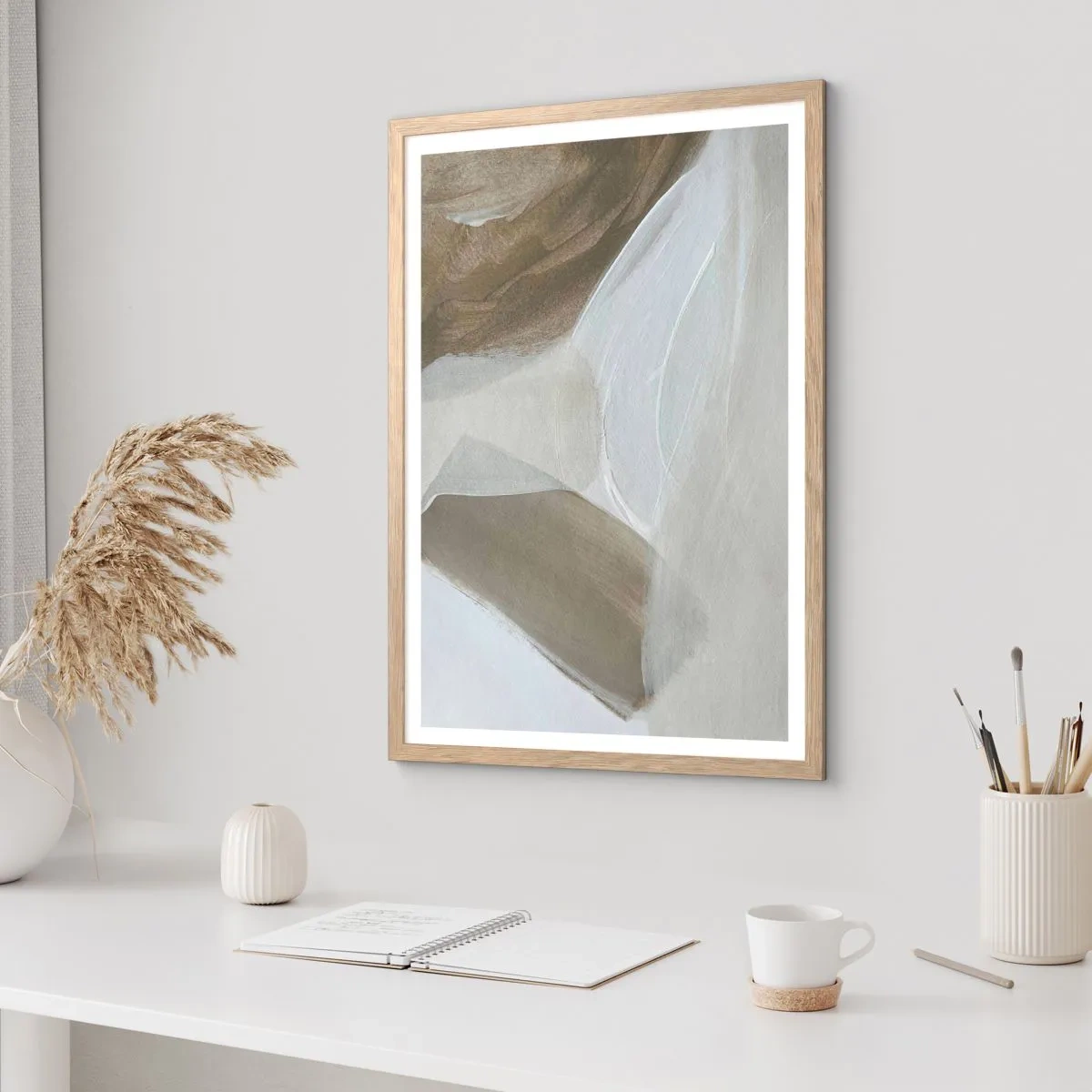 Plakat i ramme af lyst egetræ - Bølge af hvidt - 70x100 cm