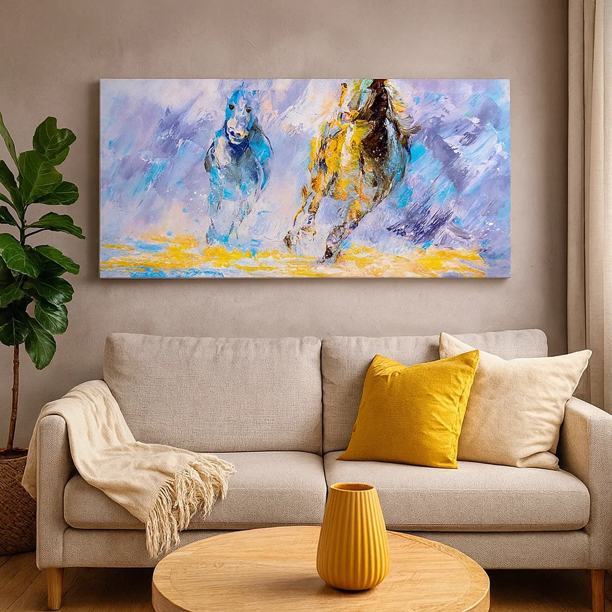 Lærredstryk - Billede på lærred - Galopperer gennem det blanke skær - 30x30 cm