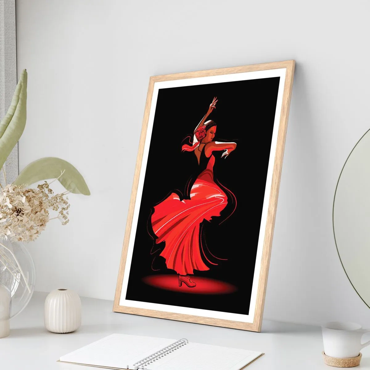 Plakat i ramme af lyst egetræ - Flamencoens brændende ånd - 61x91 cm